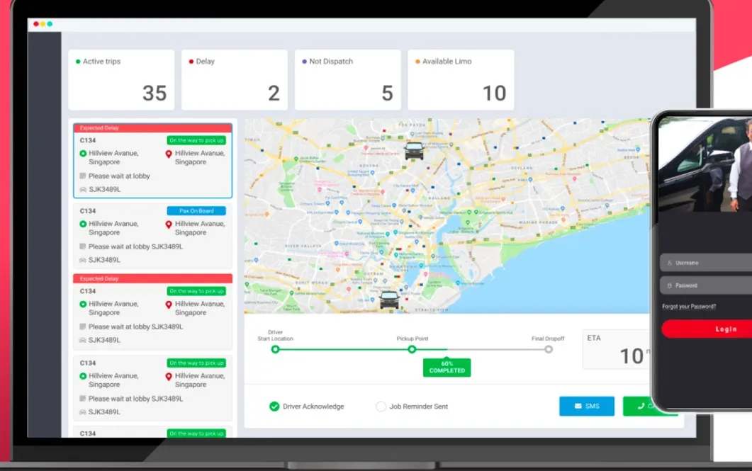 Control-room dispatch dashboard — live trips, delays, and available vehicles