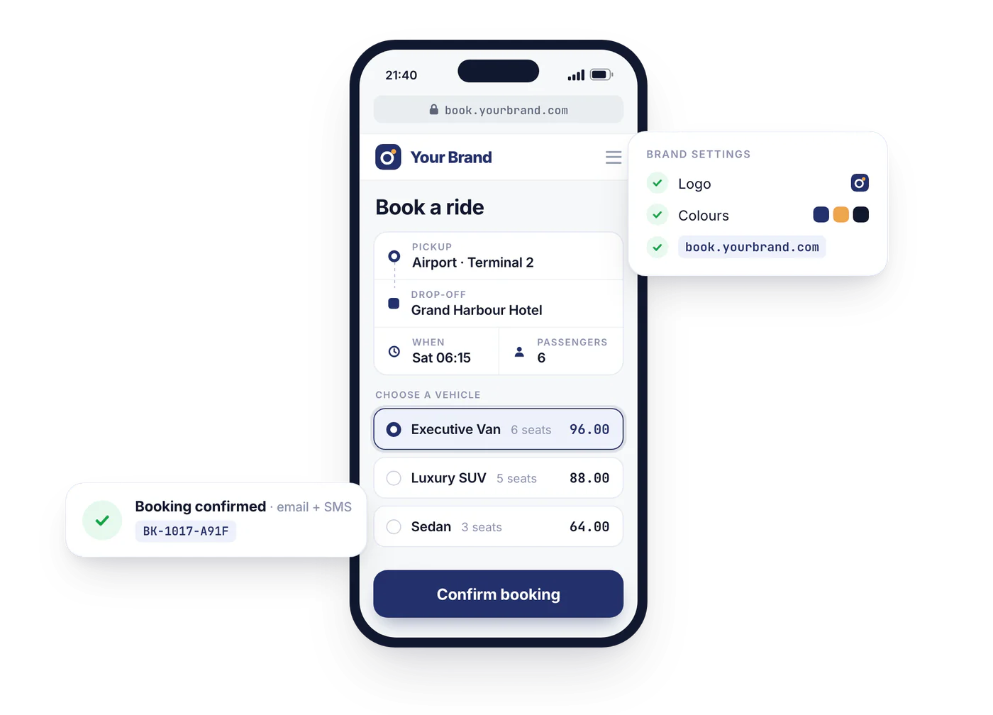 An operator’s own branded booking site on a phone, showing vehicle options with instant prices, and the brand settings behind it